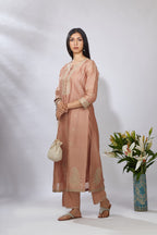 Dusty rust straight kurta set with zari embroidery
