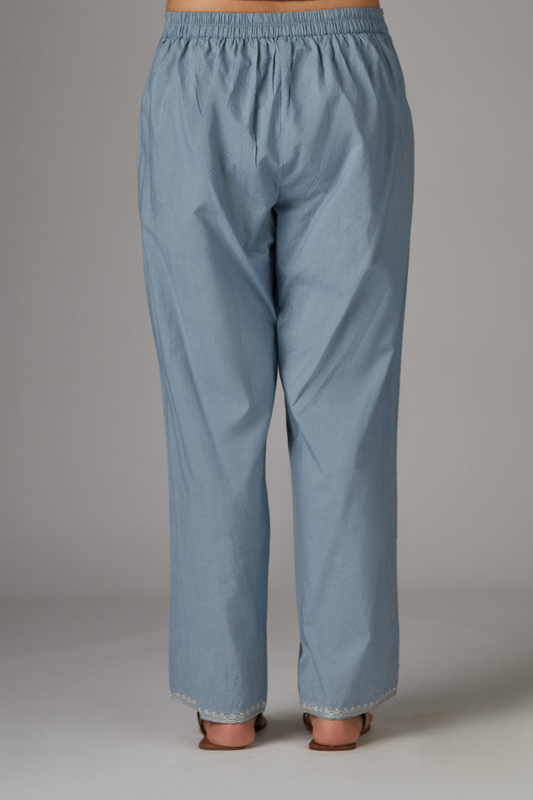 Grey cotton straight pants with aari embroidery at hem