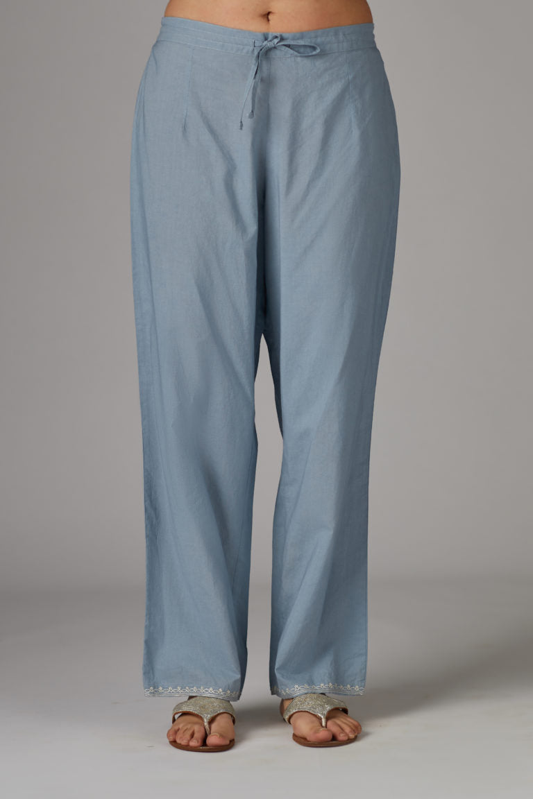 Grey cotton straight pants with aari embroidery at hem