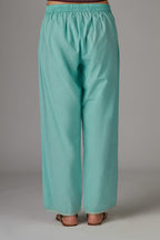 Teal cotton straight pants with aari embroidery at hem