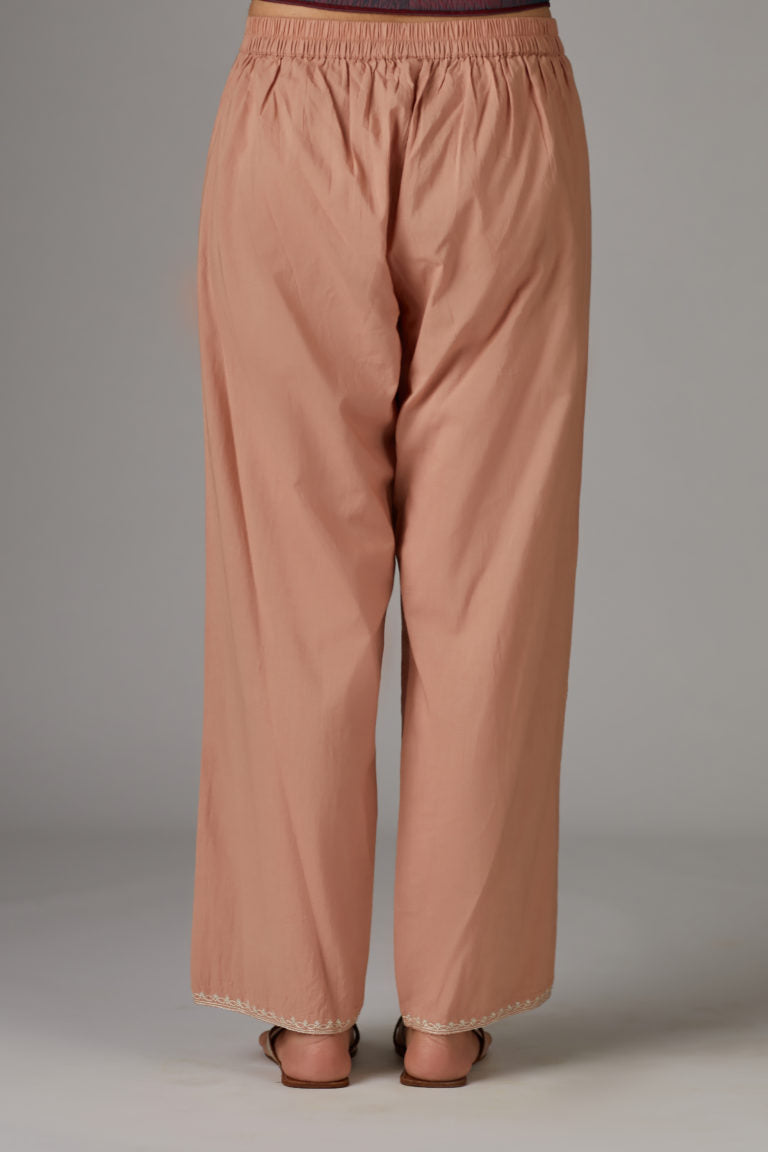 Old Rose cotton straight pants with aari embroidery at hem