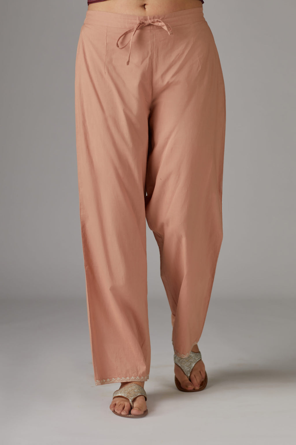 Old Rose cotton straight pants with aari embroidery at hem