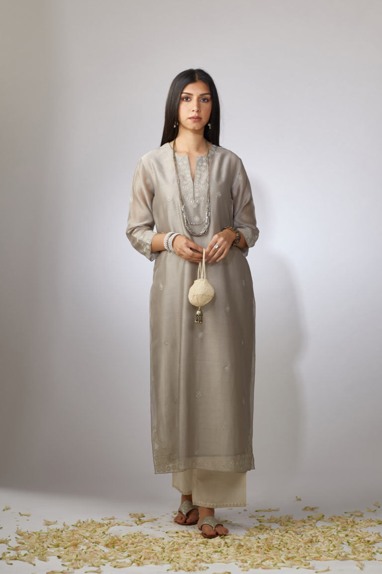 Dusty grey straight Chanderi kurta set with zari embroidery