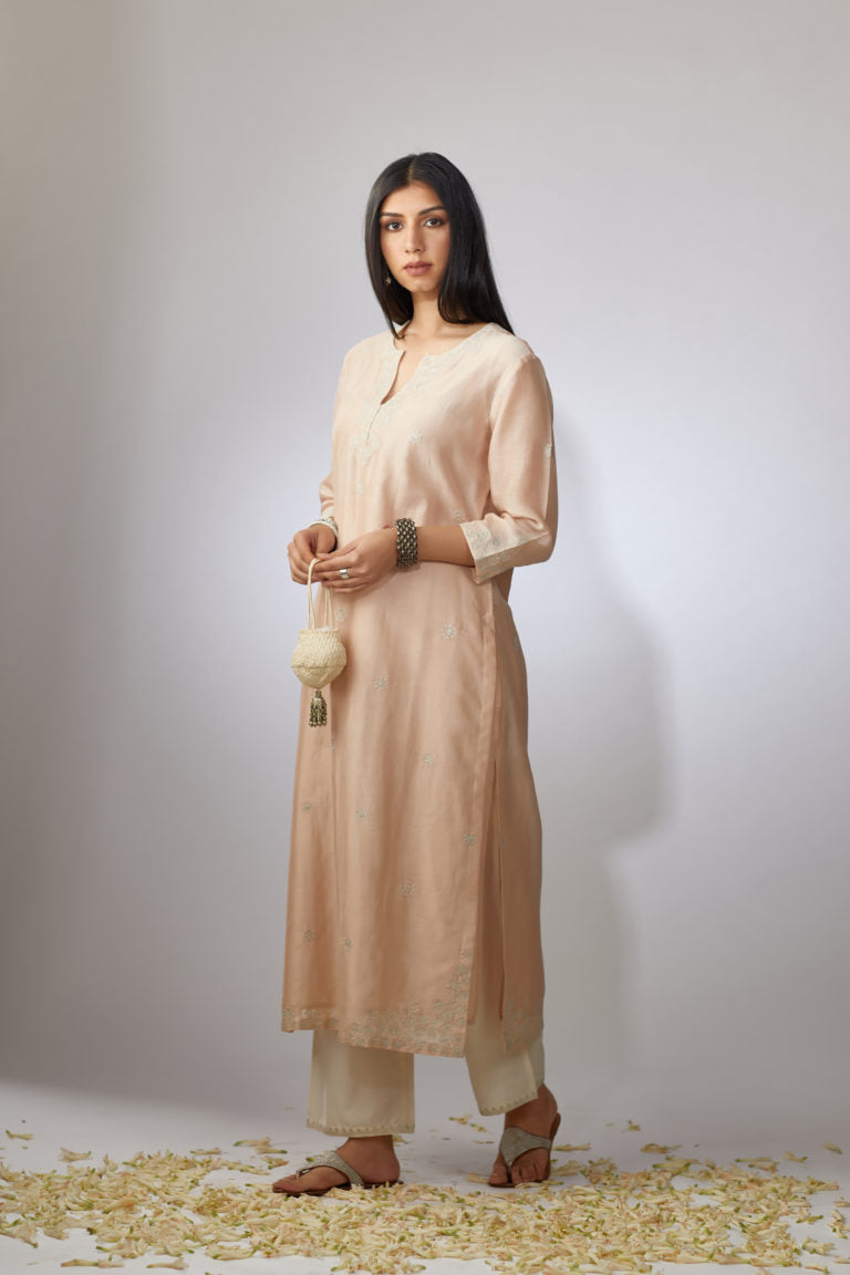 Light peach straight Chanderi kurta set with zari embroidery