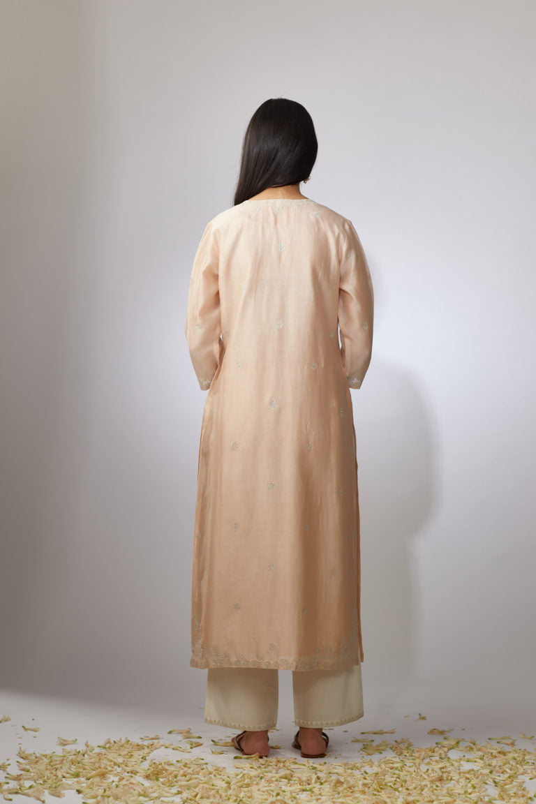 Light peach straight Chanderi kurta set with zari embroidery