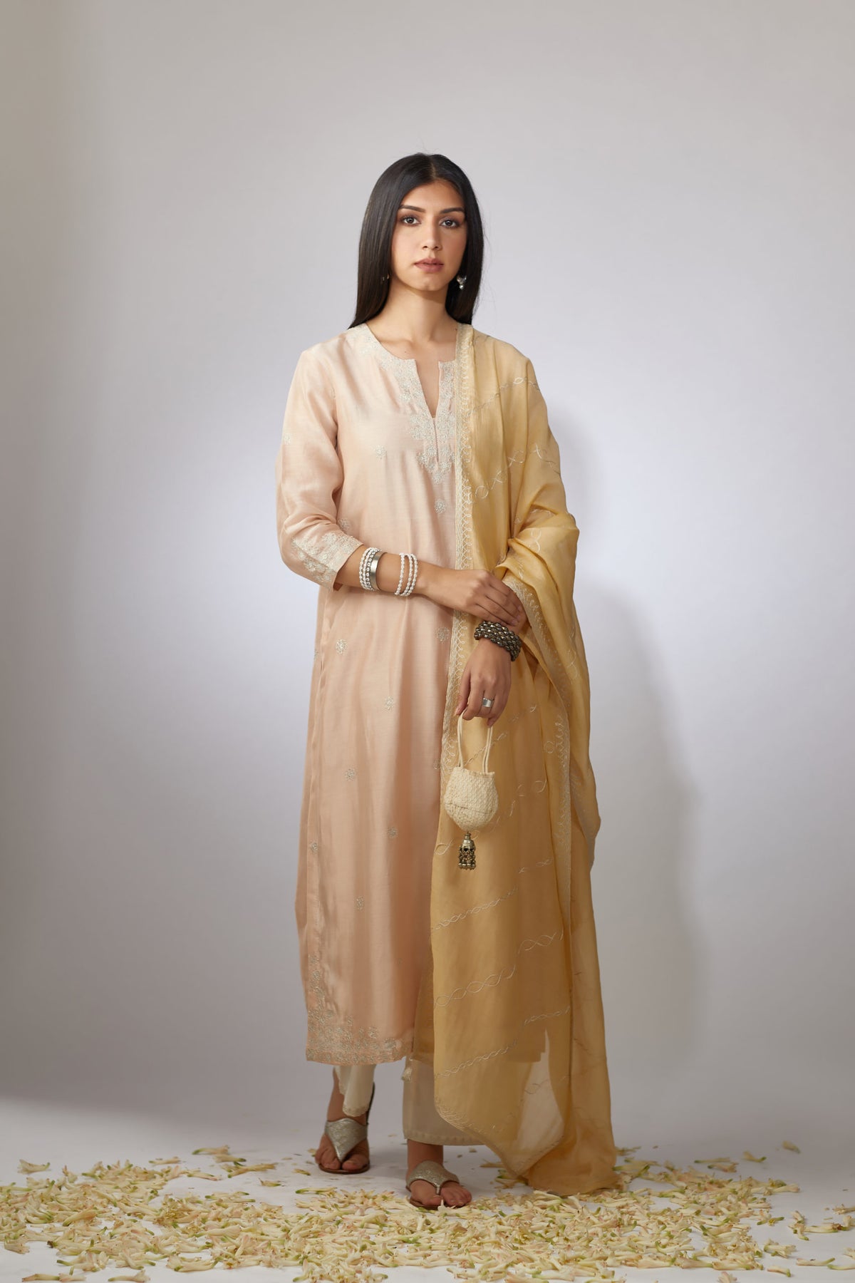 Light peach straight Chanderi kurta set with zari embroidery