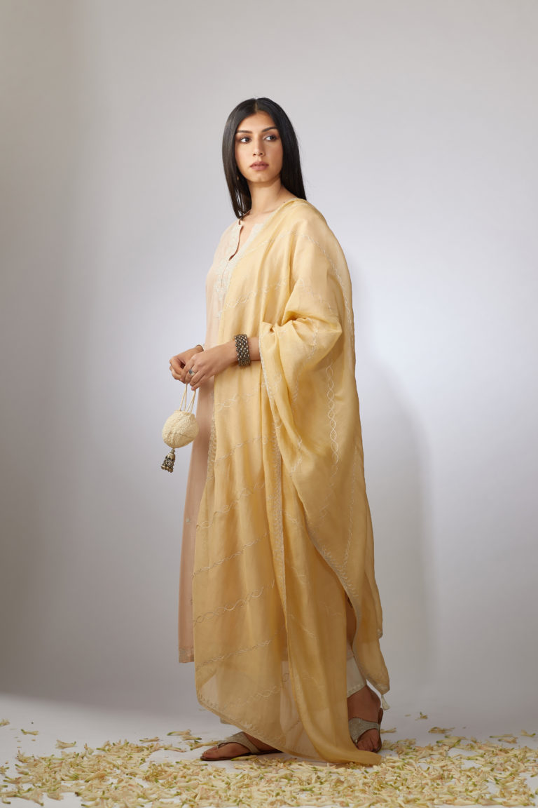 Light peach straight Chanderi kurta set with zari embroidery