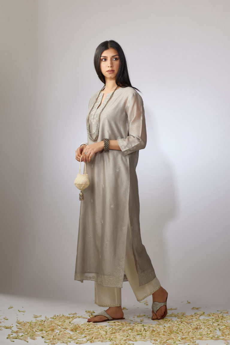 Dusty grey straight Chanderi kurta set with zari embroidery