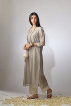 Dusty grey straight Chanderi kurta set with zari embroidery