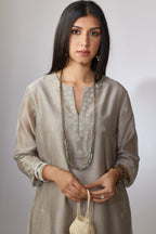 Dusty grey straight Chanderi kurta set with zari embroidery