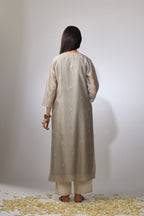 Dusty grey straight Chanderi kurta set with zari embroidery