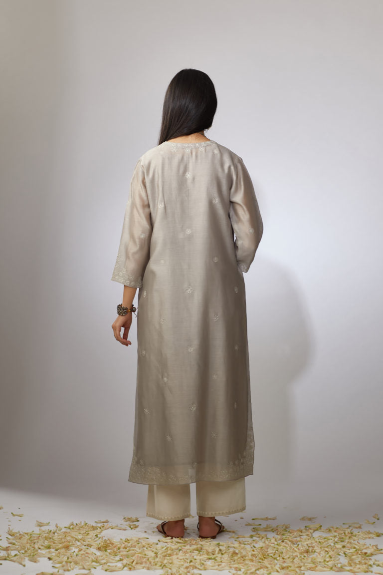 Dusty grey straight Chanderi kurta set with zari embroidery