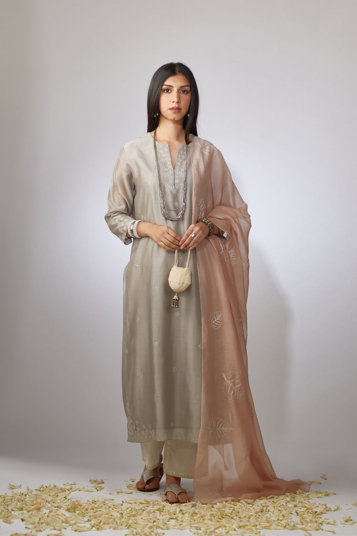 Dusty grey straight Chanderi kurta set with zari embroidery