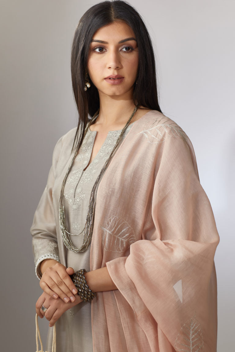 Dusty grey straight Chanderi kurta set with zari embroidery