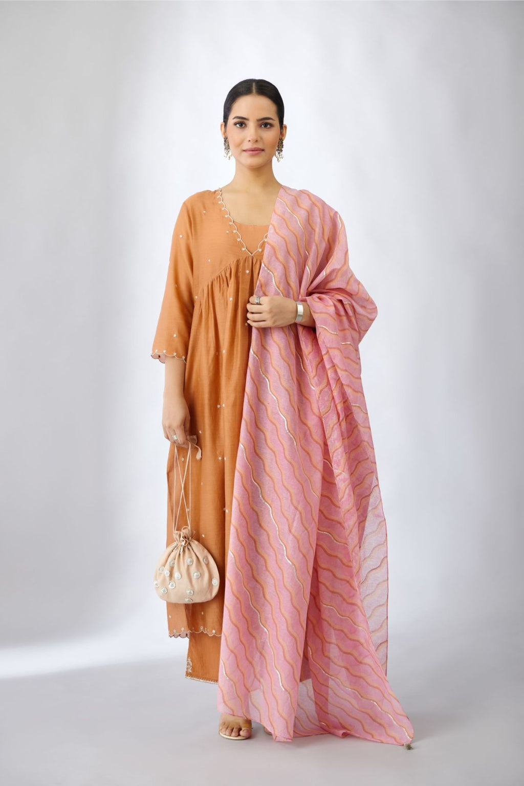 Pink and peach hand block printed cotton chanderi dupatta with all-over silver gota detaling (Dupatta)