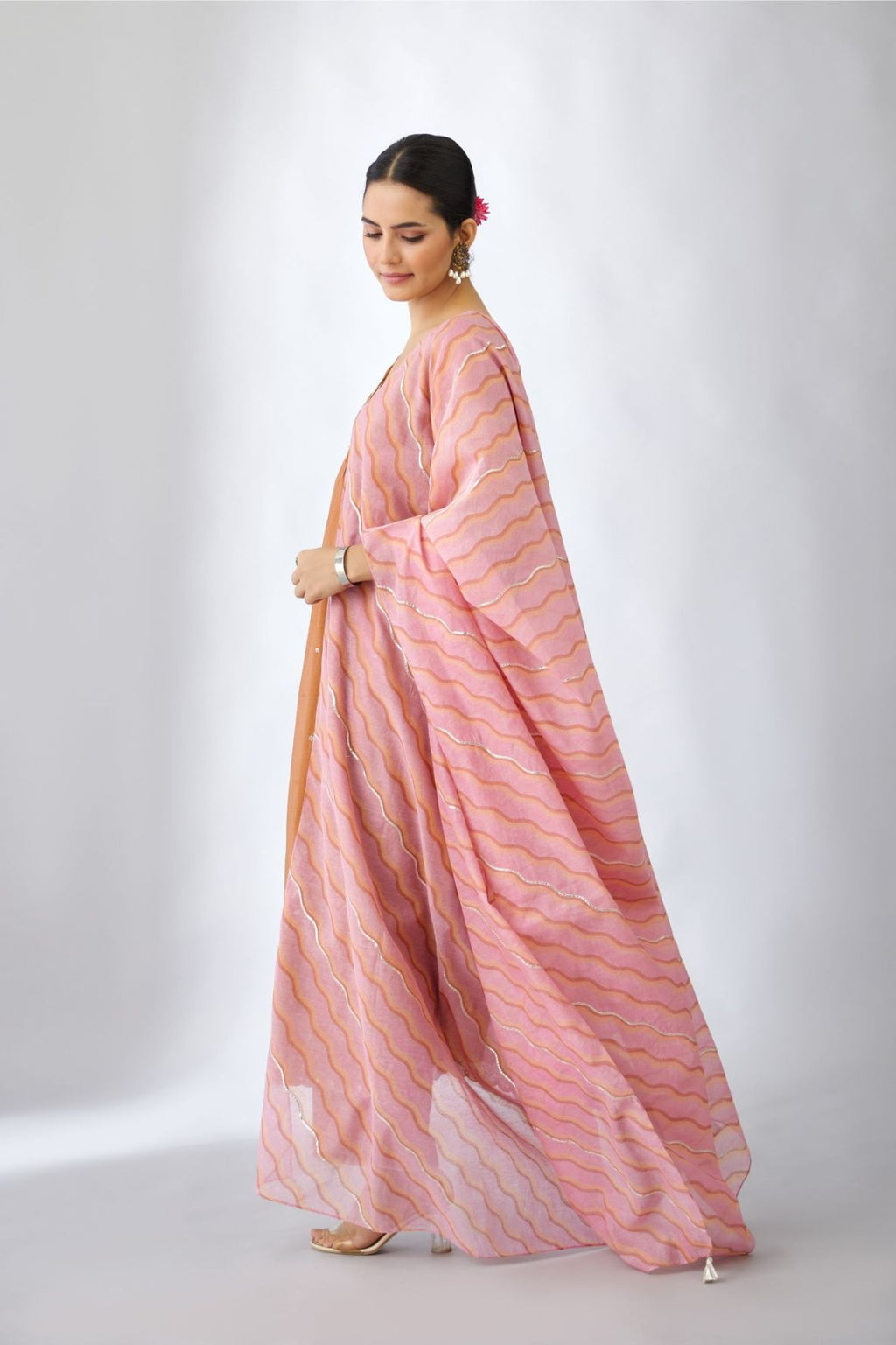 Pink and peach hand block printed cotton chanderi dupatta with all-over silver gota detaling (Dupatta)