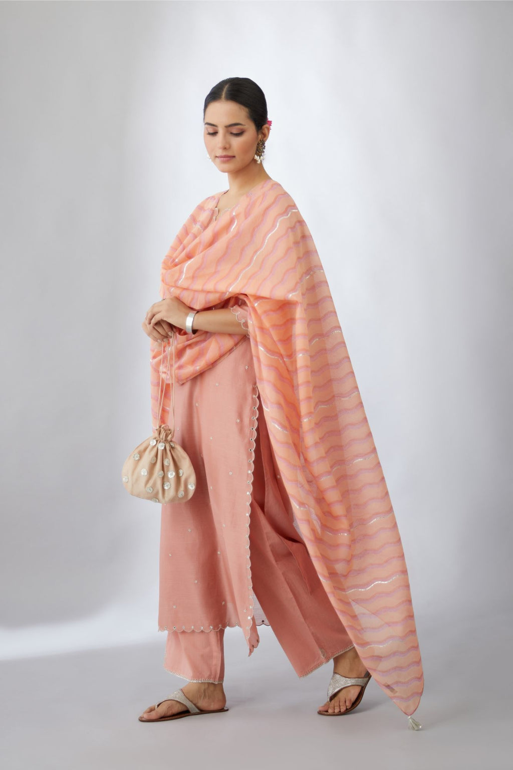 Peach and pink hand block printed cotton chanderi dupatta with all-over silver gota detaling.(Dupatta)