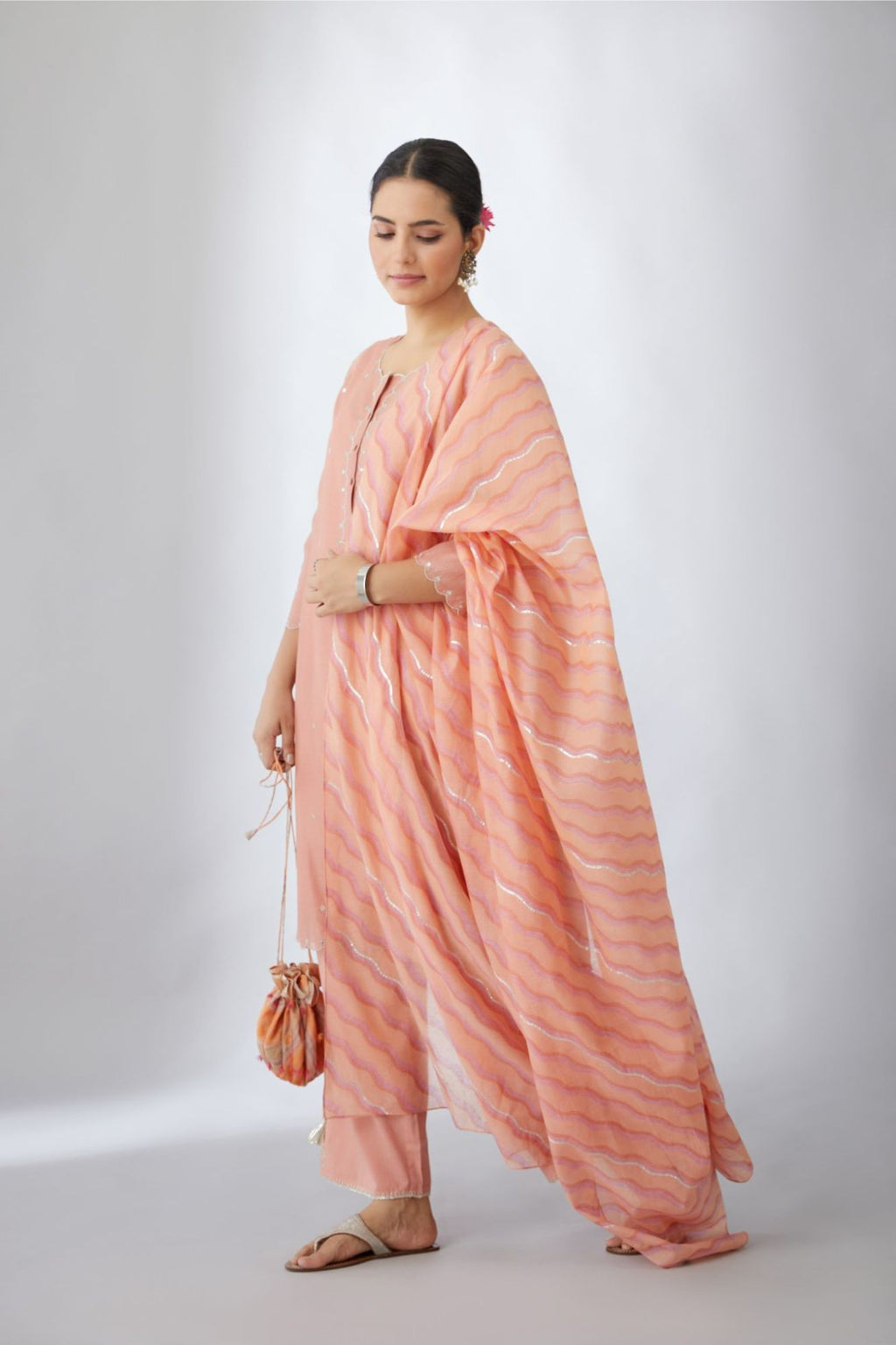 Peach and pink hand block printed cotton chanderi dupatta with all-over silver gota detaling.(Dupatta)