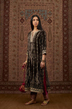 Grey silk velvet straight kurta set with all over heavy gold gota and zari embroidery.