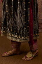 Grey silk velvet straight kurta set with all over heavy gold gota and zari embroidery.