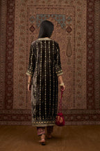 Grey silk velvet straight kurta set with all over heavy gold gota and zari embroidery.
