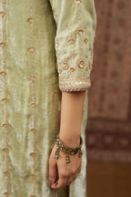 Soft green silk velvet straight kurta set with all over heavy gold gota and zari embroidery.