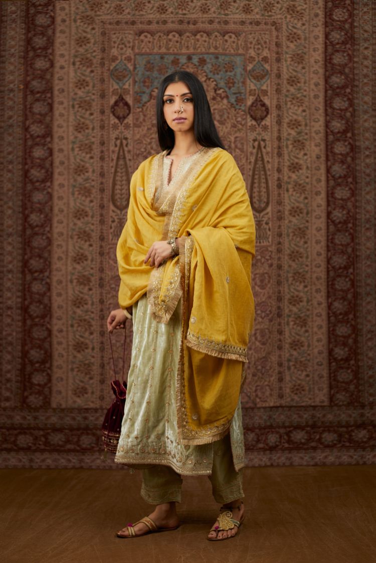 Soft green silk velvet straight kurta set with all over heavy gold gota and zari embroidery.