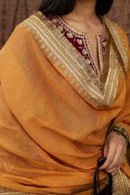 Silk velvet kurta set with round neck and all-over gota embroidery.