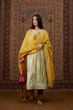 Soft green silk velvet kurta set with gold gota and zari embroidery butas and heavy borders at hem.