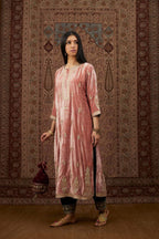 Dusty pink silk velvet kurta set with side panels, highlighted with gold gota and zari embroidery.