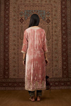 Dusty pink silk velvet kurta set with side panels, highlighted with gold gota and zari embroidery.