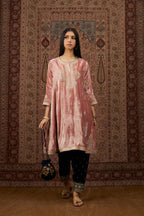 Short kalidar silk velvet kurta set with button placket and all over gold gota and zari embroidery.