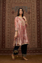 Short kalidar silk velvet kurta set with button placket and all over gold gota and zari embroidery.