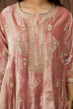 Short kalidar silk velvet kurta set with button placket and all over gold gota and zari embroidery.