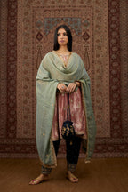 Short kalidar silk velvet kurta set with button placket and all over gold gota and zari embroidery.
