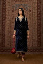 Navy blue silk velvet straight kurta set with gold gota and zari embroidery.