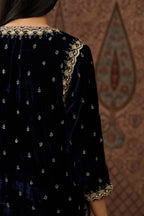 Navy blue silk velvet straight kurta set with gold gota and zari embroidery.