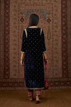 Navy blue silk velvet straight kurta set with gold gota and zari embroidery.