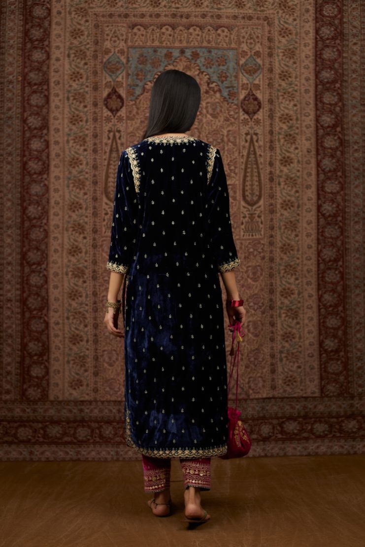 Navy blue silk velvet straight kurta set with gold gota and zari embroidery.