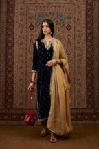 Navy blue silk velvet straight kurta set with gold gota and zari embroidery.