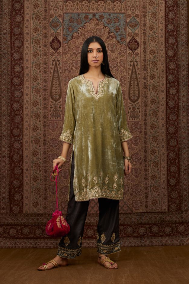 Dusty green silk velvet short kurta set with gold gota and zari embroidery.