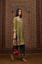 Dusty green silk velvet short kurta set with gold gota and zari embroidery.