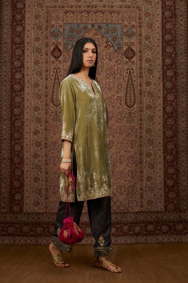 Dusty green silk velvet short kurta set with gold gota and zari embroidery.
