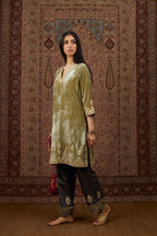 Dusty green silk velvet short kurta set with gold gota and zari embroidery.
