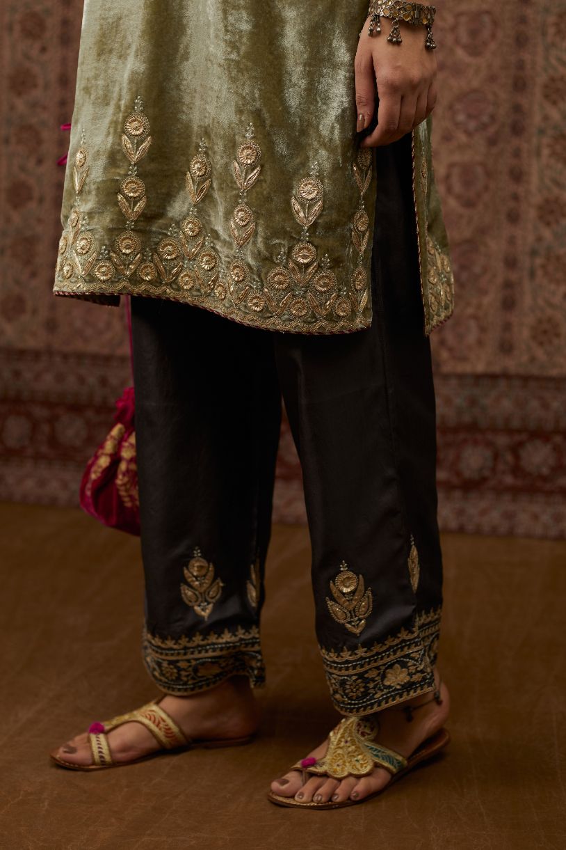Dusty green silk velvet short kurta set with gold gota and zari embroidery.