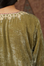 Dusty green silk velvet short kurta set with gold gota and zari embroidery.