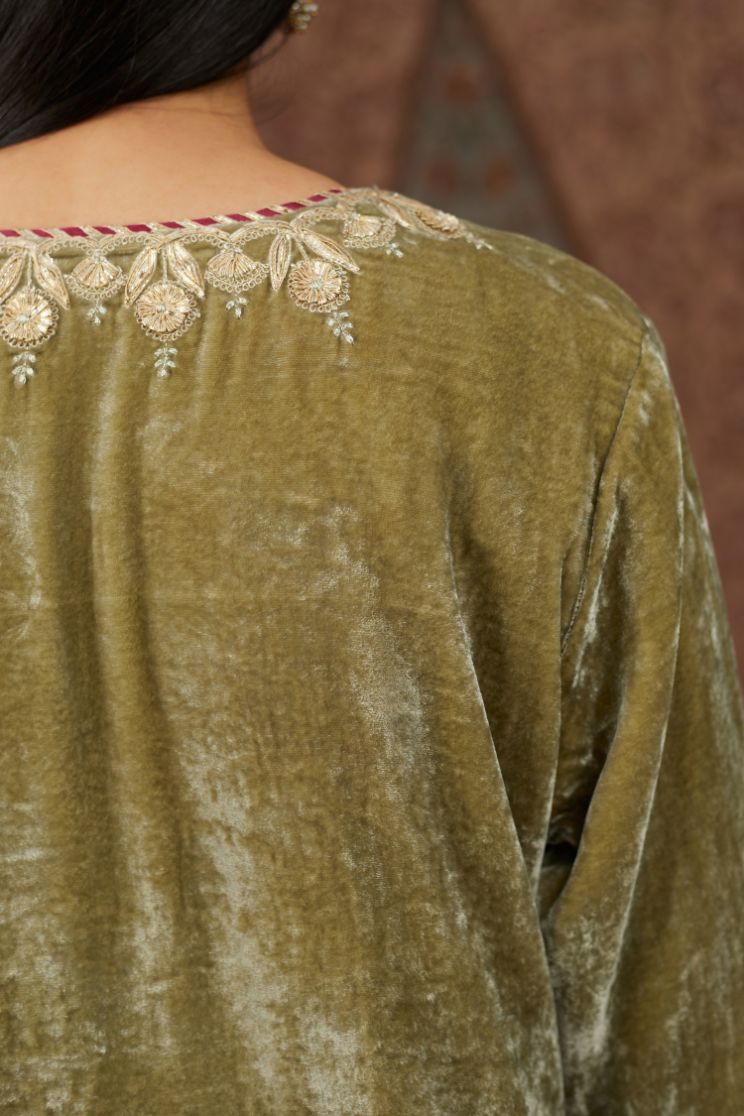 Dusty green silk velvet short kurta set with gold gota and zari embroidery.