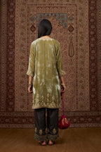 Dusty green silk velvet short kurta set with gold gota and zari embroidery.