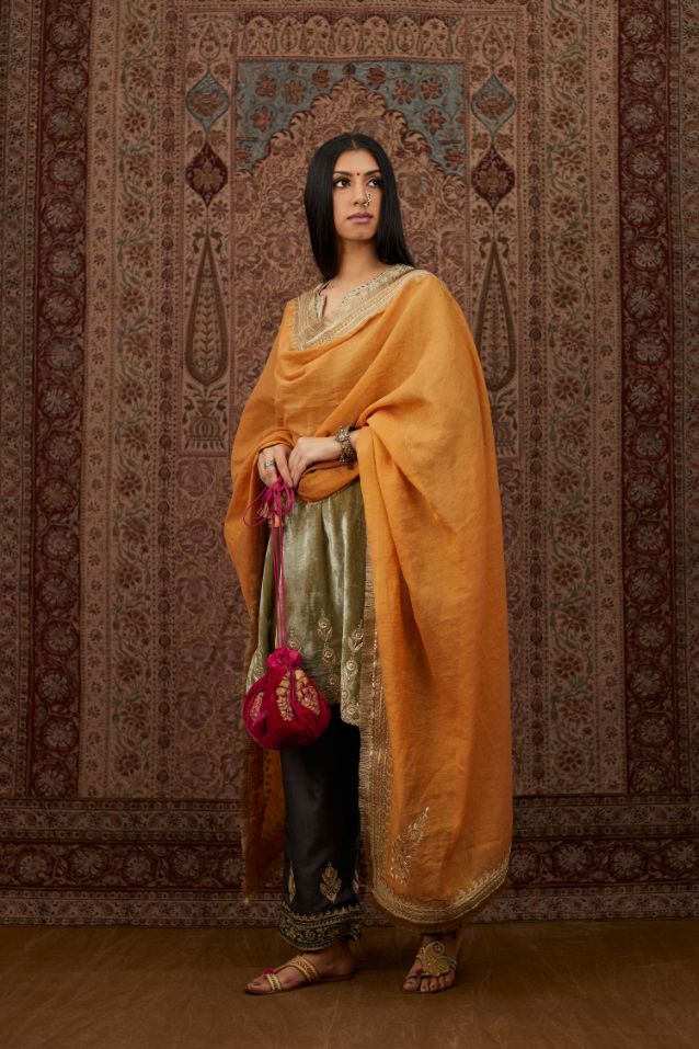Dusty green silk velvet short kurta set with gold gota and zari embroidery.