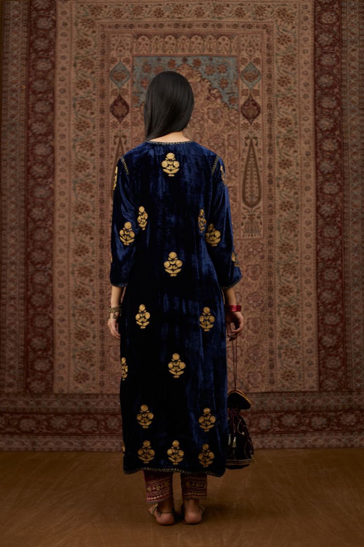 Navy blue silk velvet straight kurta set with all over gold zari embroidery butas.